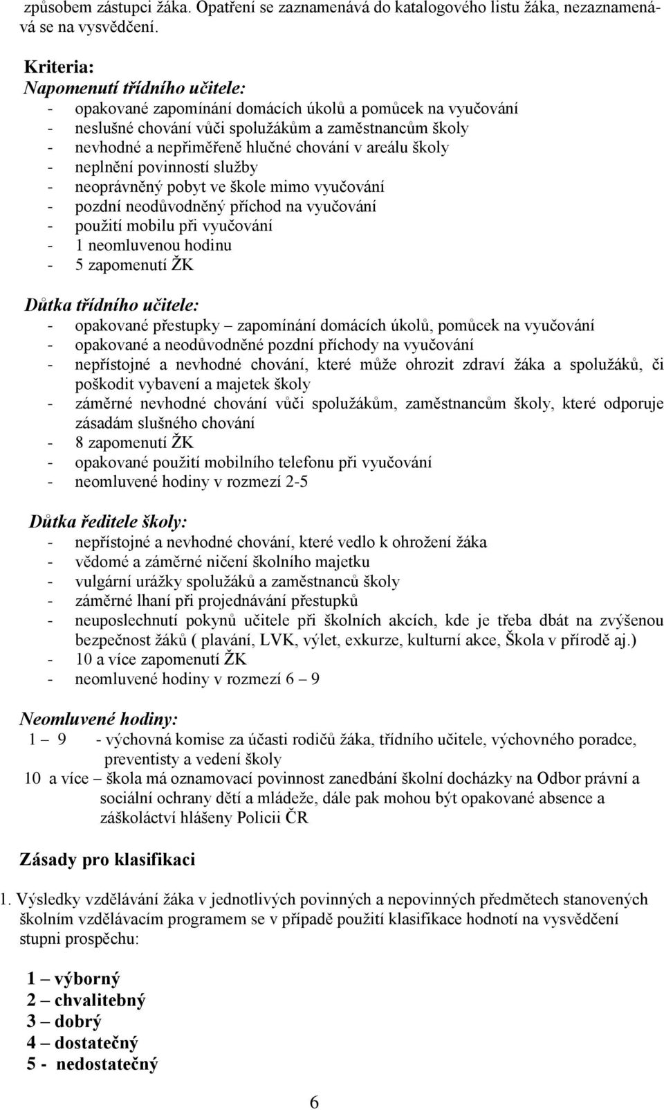 areálu školy - neplnění povinností služby - neoprávněný pobyt ve škole mimo vyučování - pozdní neodůvodněný příchod na vyučování - použití mobilu při vyučování - 1 neomluvenou hodinu - 5 zapomenutí