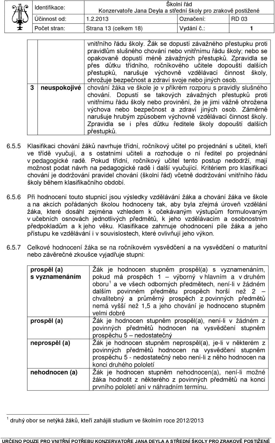 Zpravidla se přes důtku třídního, ročníkového učitele dopouští dalších přestupků, narušuje výchovně vzdělávací činnost školy, ohrožuje bezpečnost a zdraví svoje nebo jiných osob.