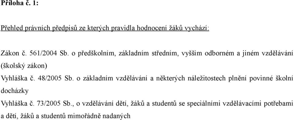 o základním vzdělávání a některých náležitostech plnění povinné školní docházky Vyhláška č. 73/2005 Sb.