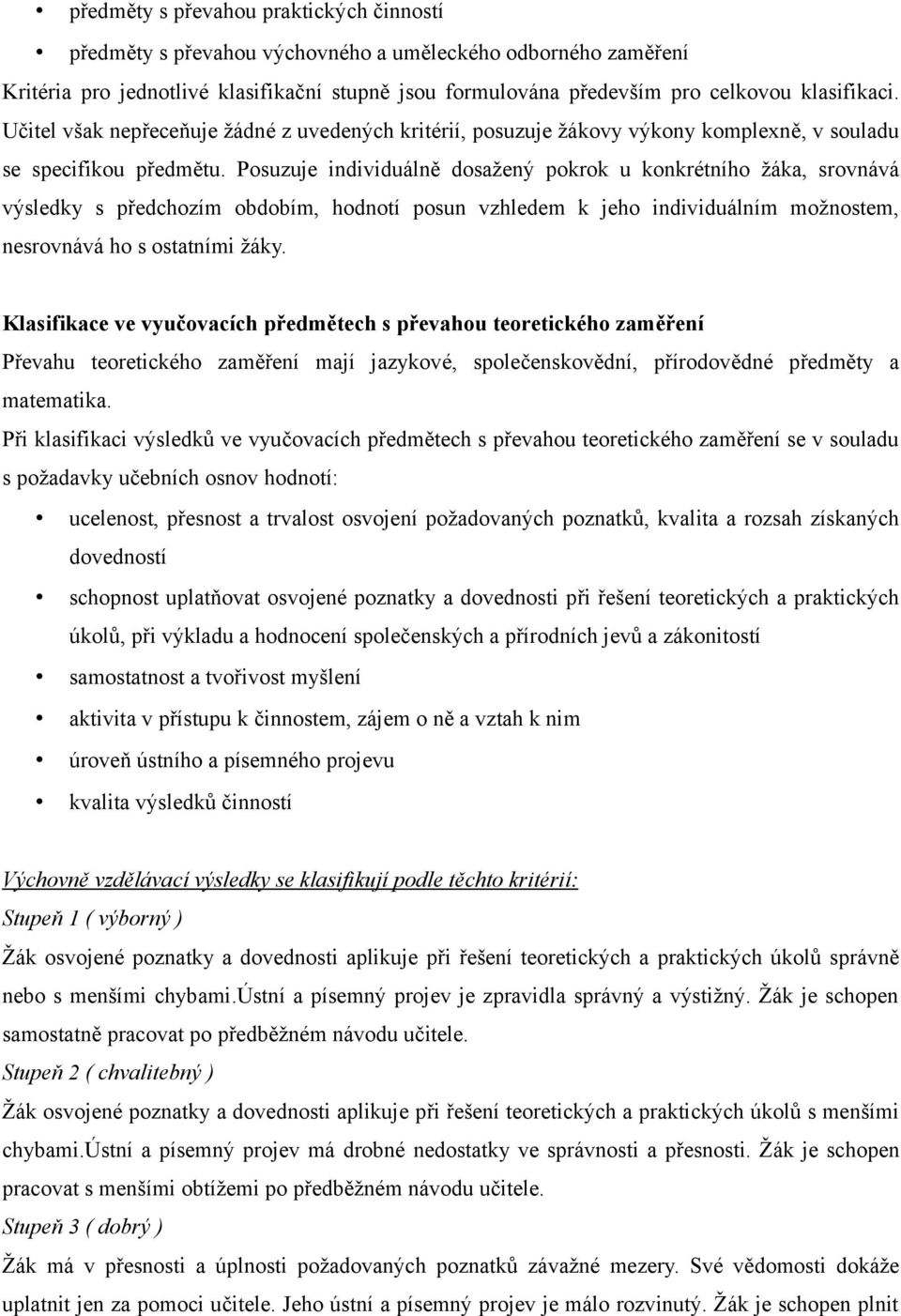 Posuzuje individuálně dosažený pokrok u konkrétního žáka, srovnává výsledky s předchozím obdobím, hodnotí posun vzhledem k jeho individuálním možnostem, nesrovnává ho s ostatními žáky.