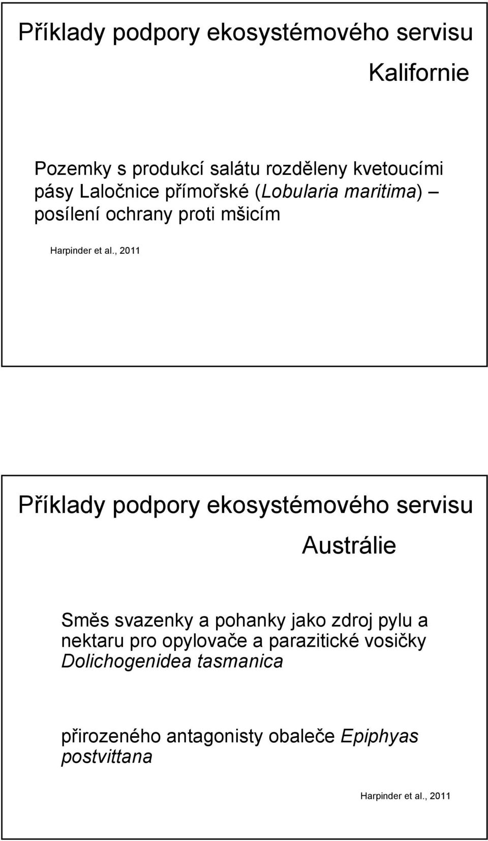 , 2011 Příklady podpory ekosystémového servisu Austrálie Směs svazenky a pohanky jako zdroj pylu a nektaru