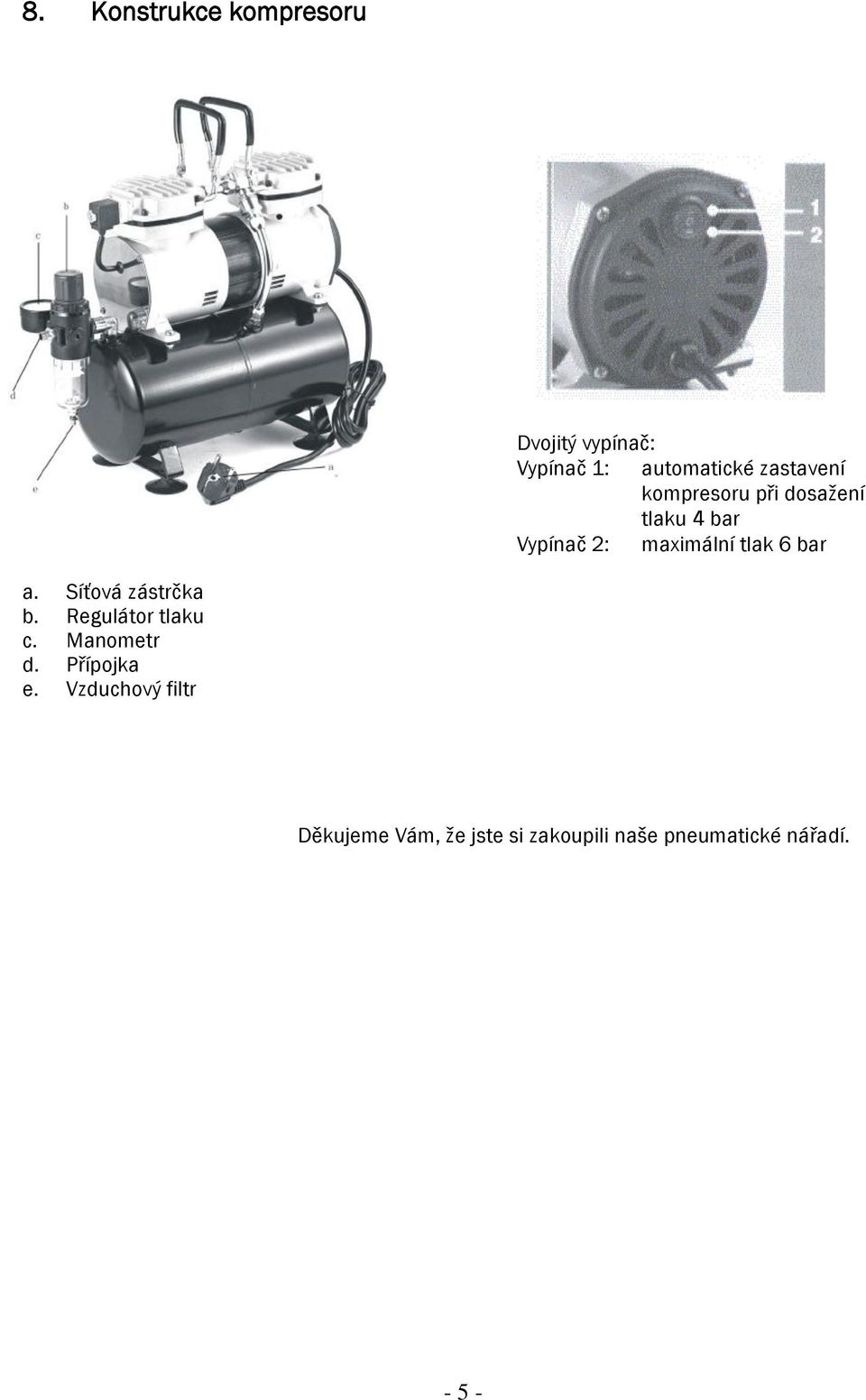 6 bar a. Síťová zástrčka b. Regulátor tlaku c. Manometr d. Přípojka e.