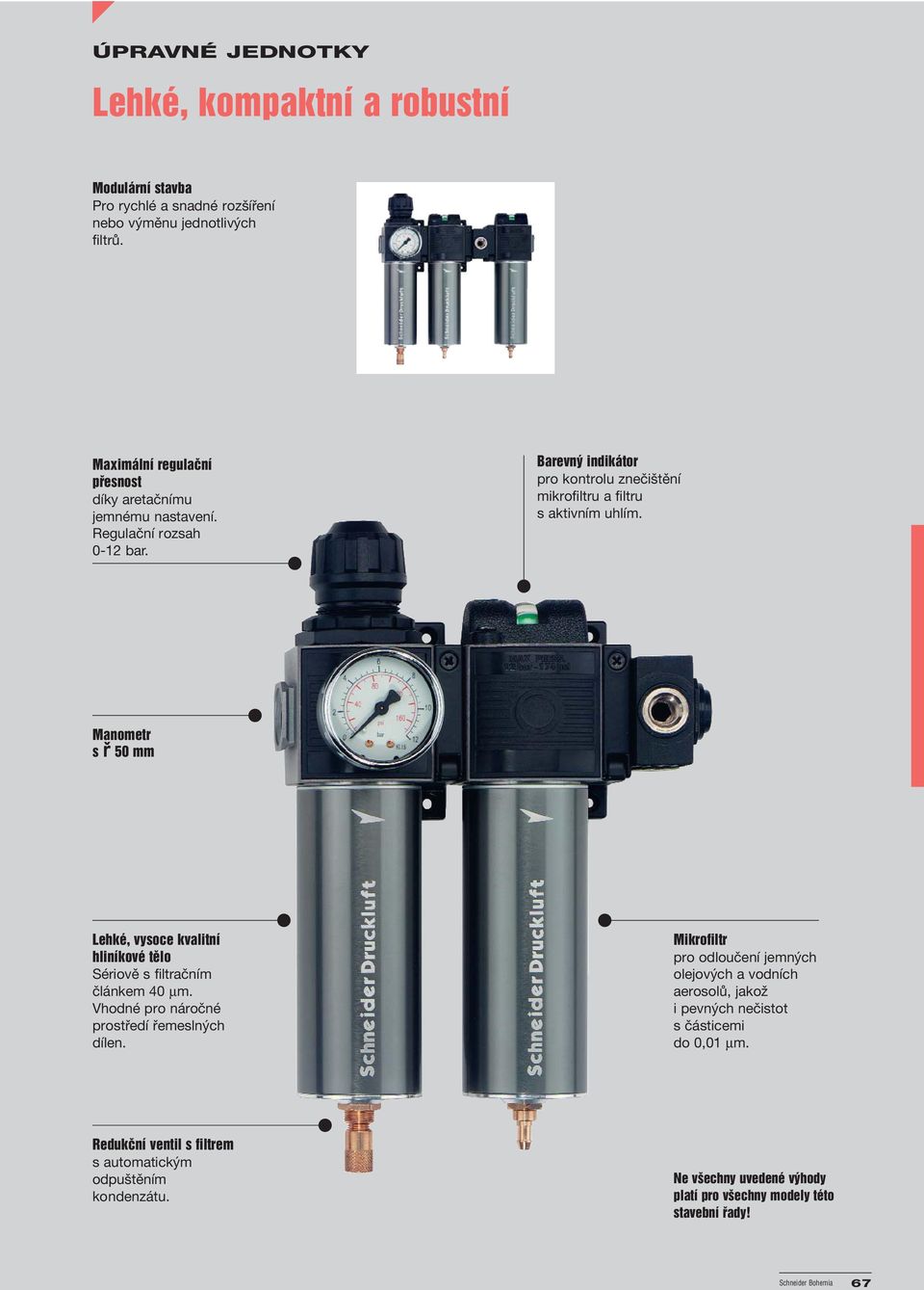 Manometr s ø 50 mm Lehké, vysoce kvalitní hliníkové tělo Sériově s filtračním článkem 40 µm. Vhodné pro náročné prostředí řemeslných dílen.