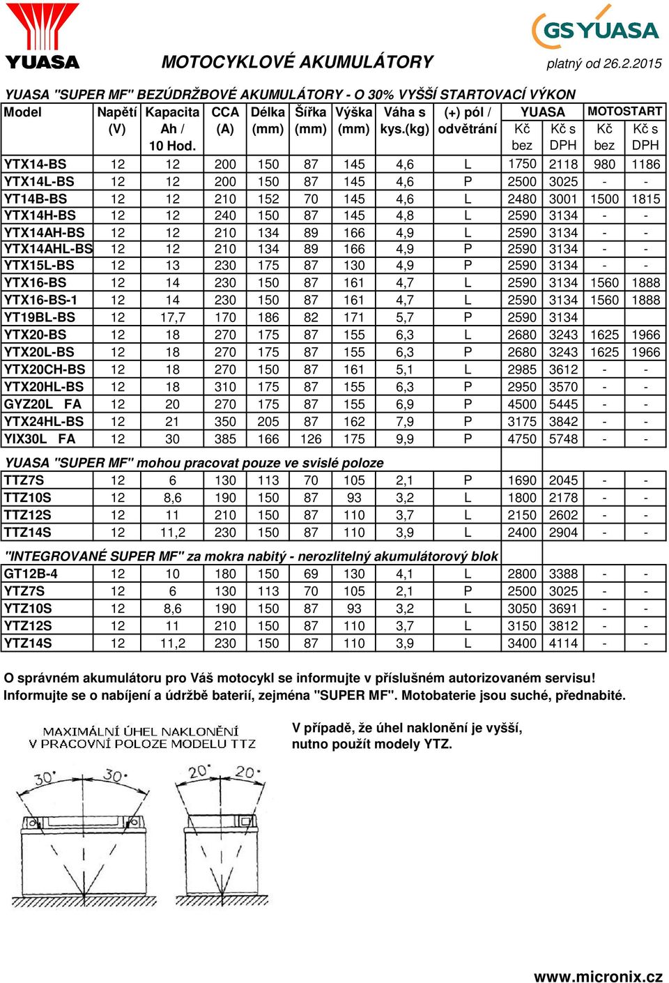 YTX14-BS 12 12 200 150 87 145 4,6 L 1750 DPH 2118 DPH 980 1186 YTX14L-BS 12 12 200 150 87 145 4,6 P 2500 3025 - - YT14B-BS 12 12 210 152 70 145 4,6 L 2480 3001 1500 1815 YTX14H-BS 12 12 240 150 87