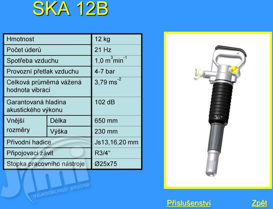 akustického výkonu 4-7 bar 3,79 ms -2 102 db Vnější rozměry Délka Výška 650 mm 230 mm