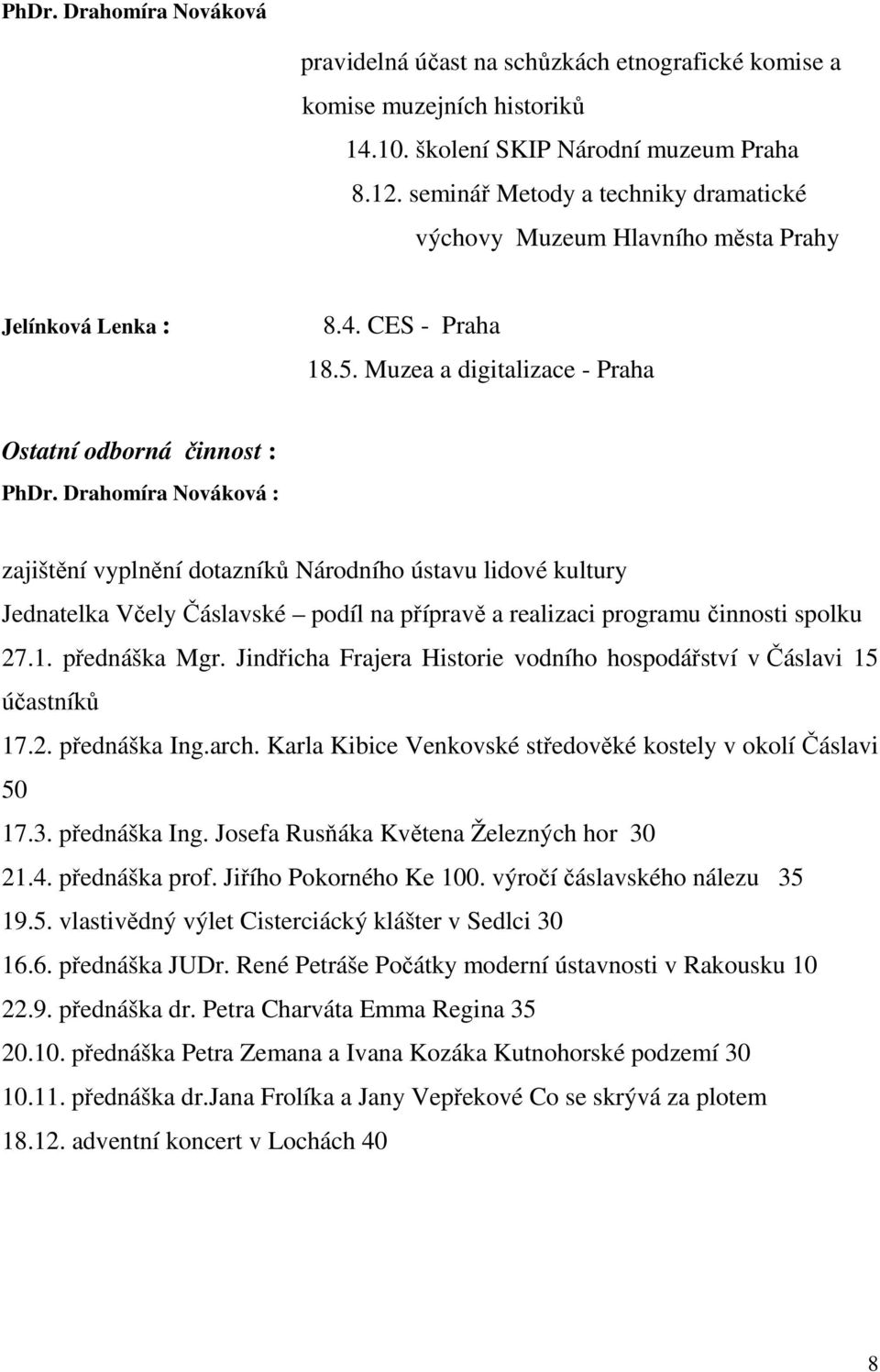 Drahomíra Nováková : zajištění vyplnění dotazníků Národního ústavu lidové kultury Jednatelka Včely Čáslavské podíl na přípravě a realizaci programu činnosti spolku 27.1. přednáška Mgr.