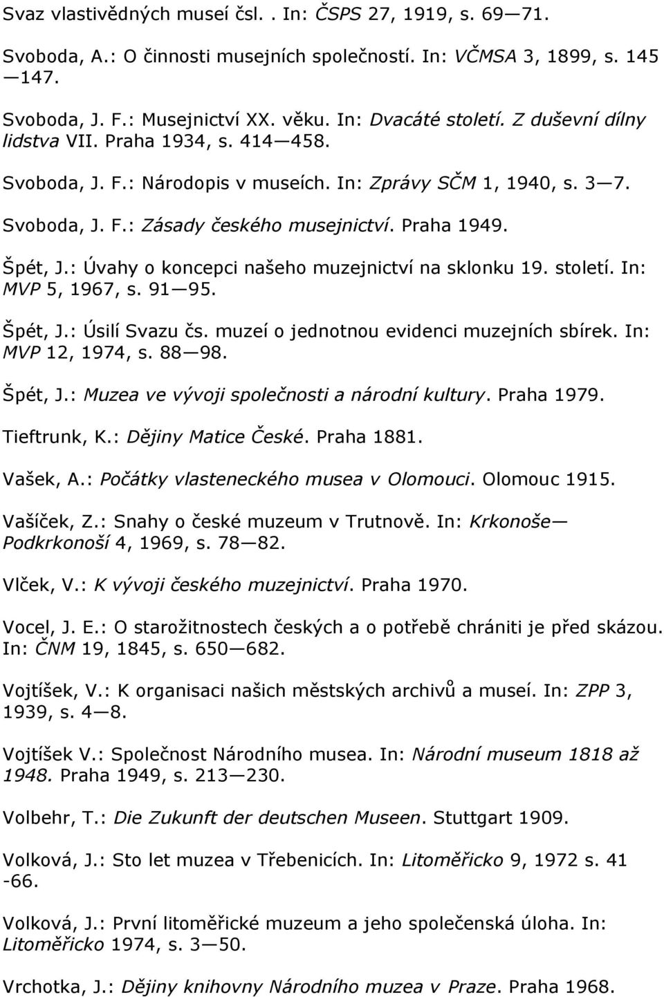 : Úvahy o koncepci našeho muzejnictví na sklonku 19. století. In: MVP 5, 1967, s. 91 95. Špét, J.: Úsilí Svazu čs. muzeí o jednotnou evidenci muzejních sbírek. In: MVP 12, 1974, s. 88 98. Špét, J.: Muzea ve vývoji společnosti a národní kultury.