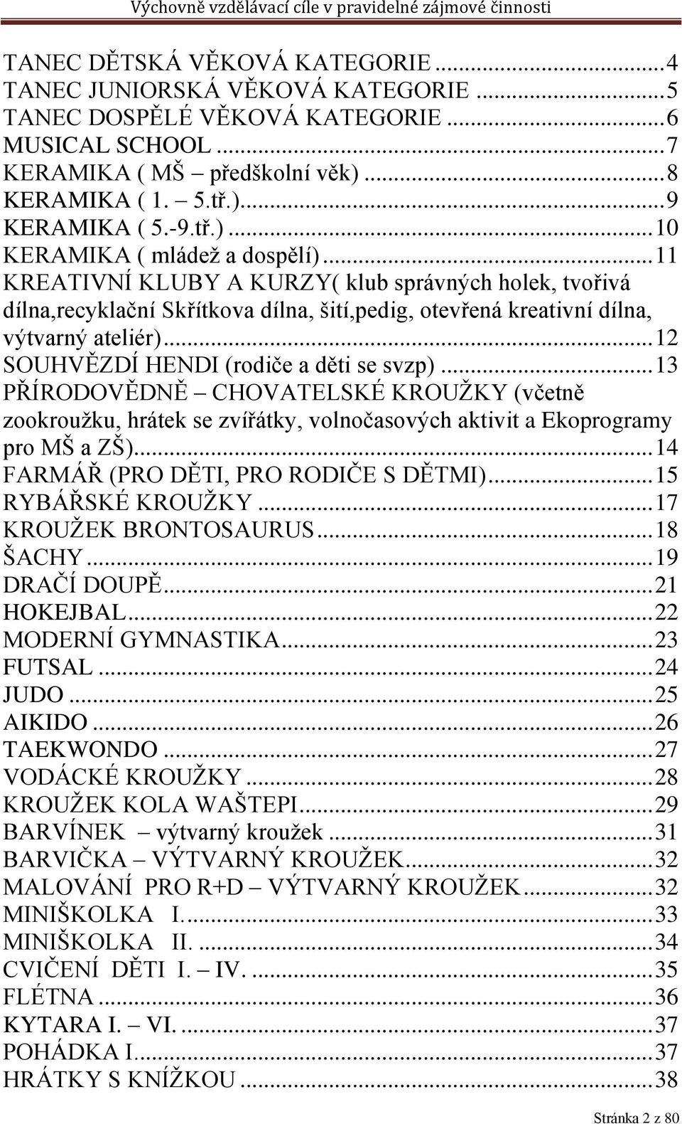 .. 12 SOUHVĚZDÍ HENDI (rodiče a děti se svzp)... 13 PŘÍRODOVĚDNĚ CHOVATELSKÉ KROUŽKY (včetně zookroužku, hrátek se zvířátky, volnočasových aktivit a Ekoprogramy pro MŠ a ZŠ).