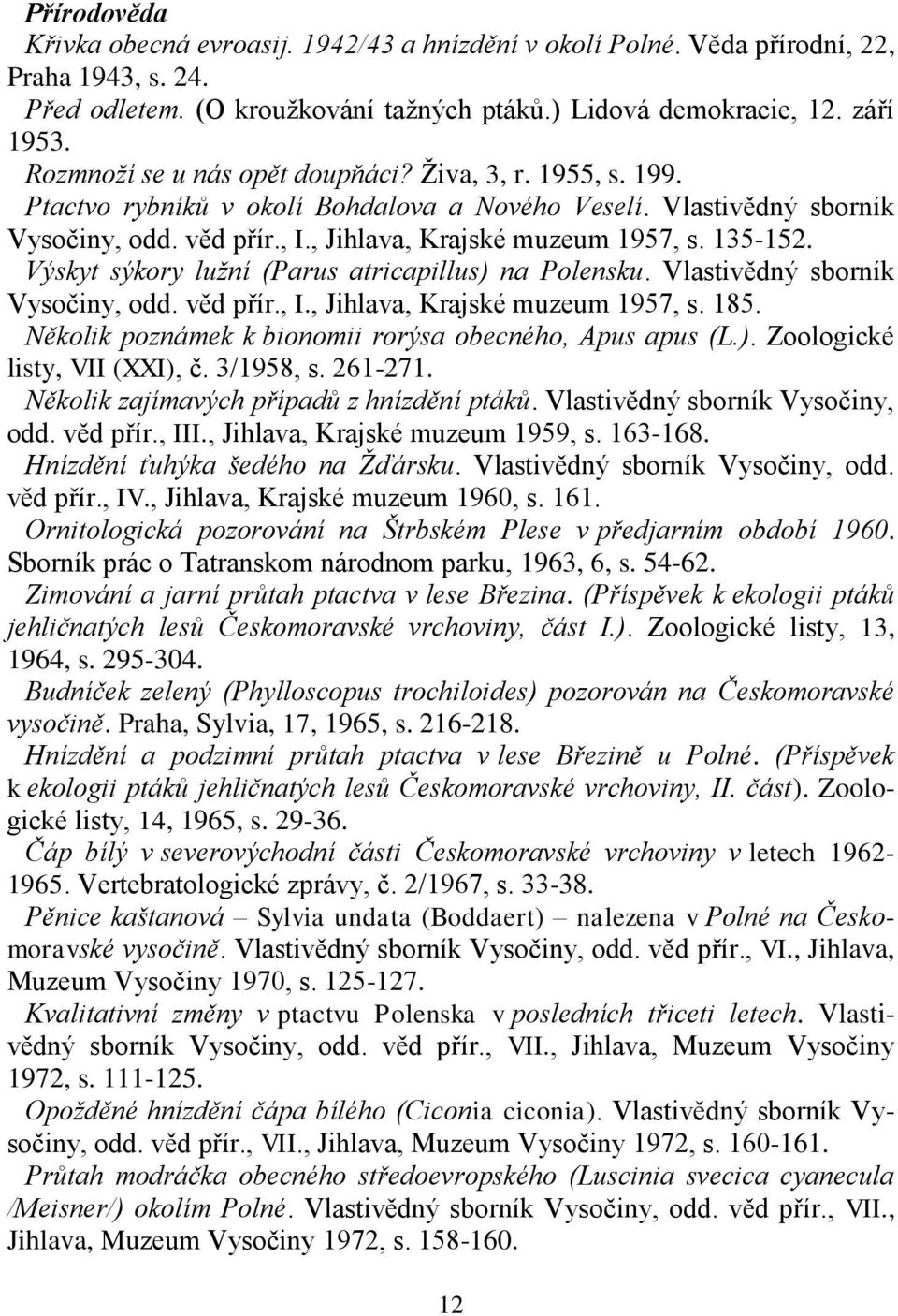 135-152. Výskyt sýkory lužní (Parus atricapillus) na Polensku. Vlastivědný sborník Vysočiny, odd. věd přír., I., Jihlava, Krajské muzeum 1957, s. 185.
