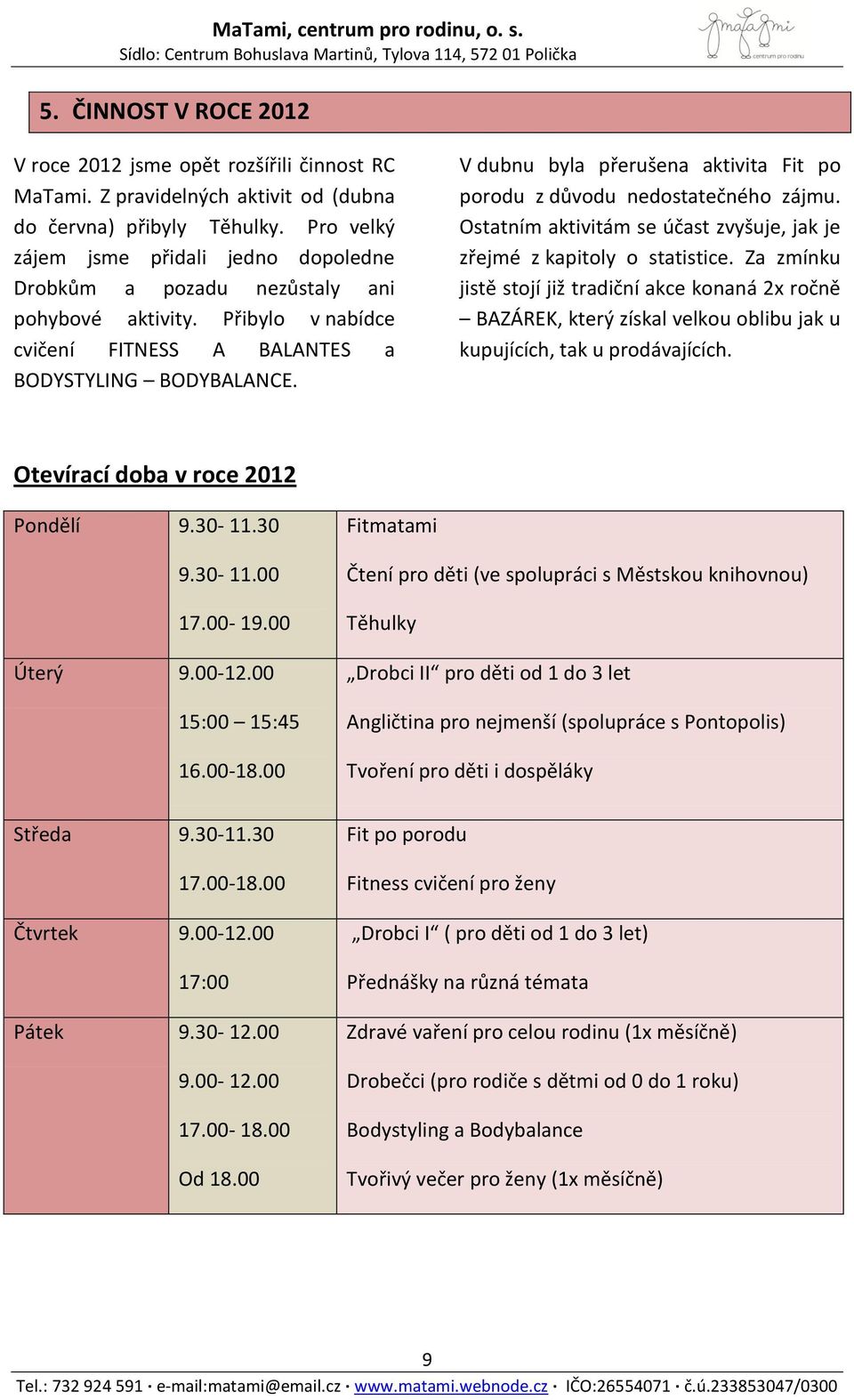 V dubnu byla přerušena aktivita Fit po porodu z důvodu nedostatečného zájmu. Ostatním aktivitám se účast zvyšuje, jak je zřejmé z kapitoly o statistice.