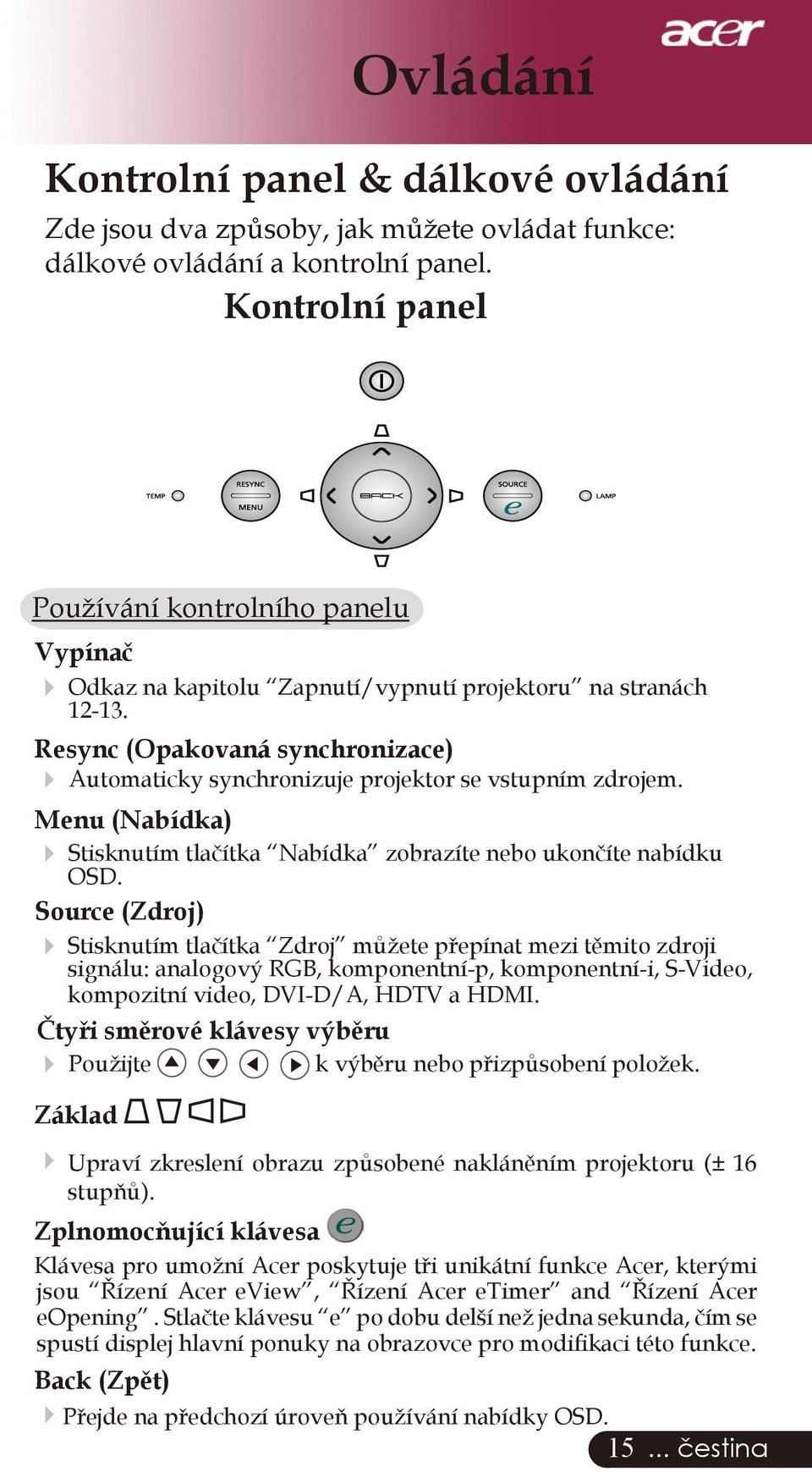 Resync (Opakovaná synchronizace) Automaticky synchronizuje projektor se vstupním zdrojem. Menu (Nabídka) Stisknutím tlačítka Nabídka zobrazíte nebo ukončíte nabídku OSD.