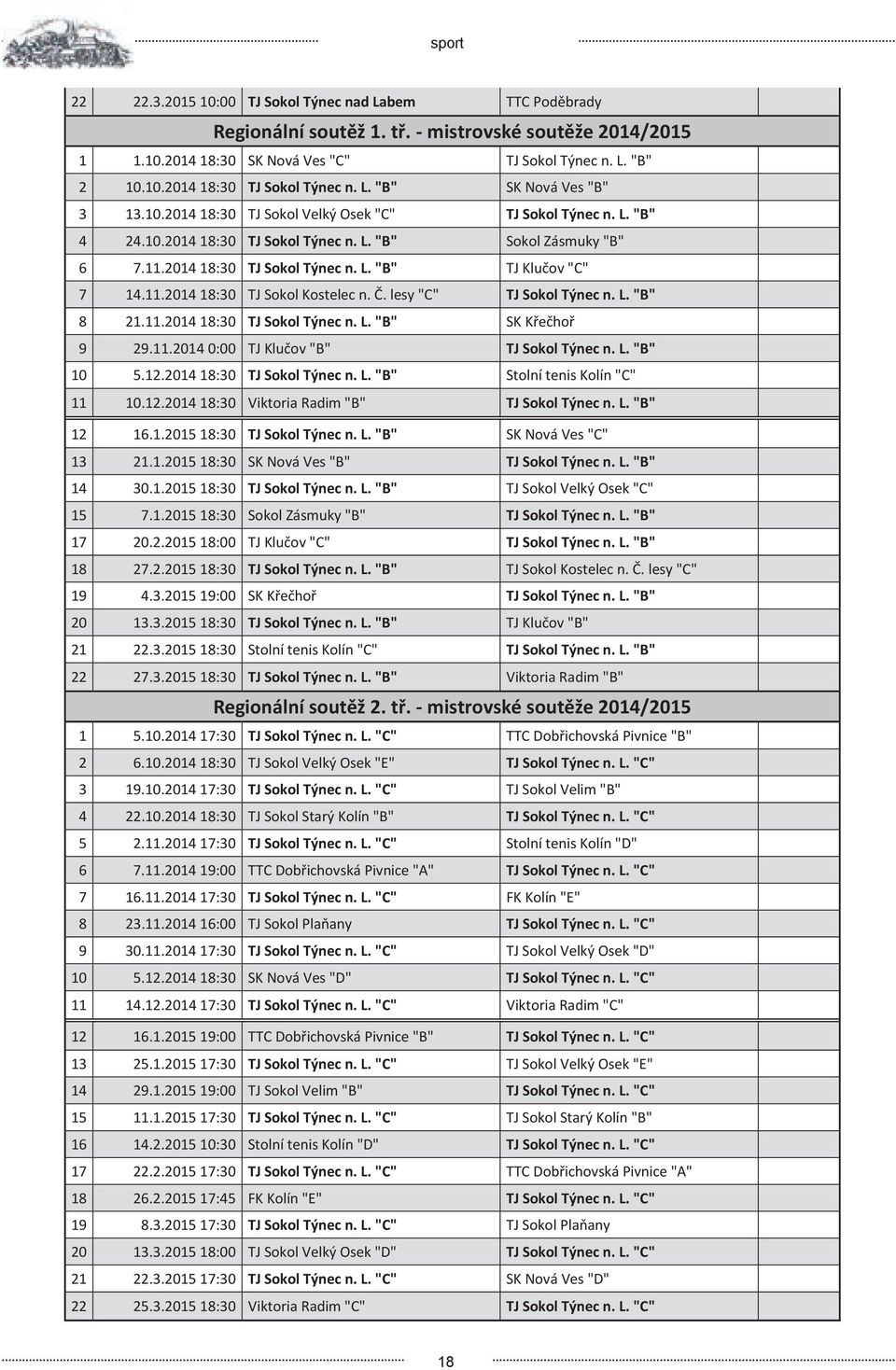 11.2014 18:30 TJ Sokol Kostelec n. Č. lesy "C" TJ Sokol Týnec n. L. "B" 8 21.11.2014 18:30 TJ Sokol Týnec n. L. "B" SK Křečhoř 9 29.11.2014 0:00 TJ Klučov "B" TJ Sokol Týnec n. L. "B" 10 5.12.