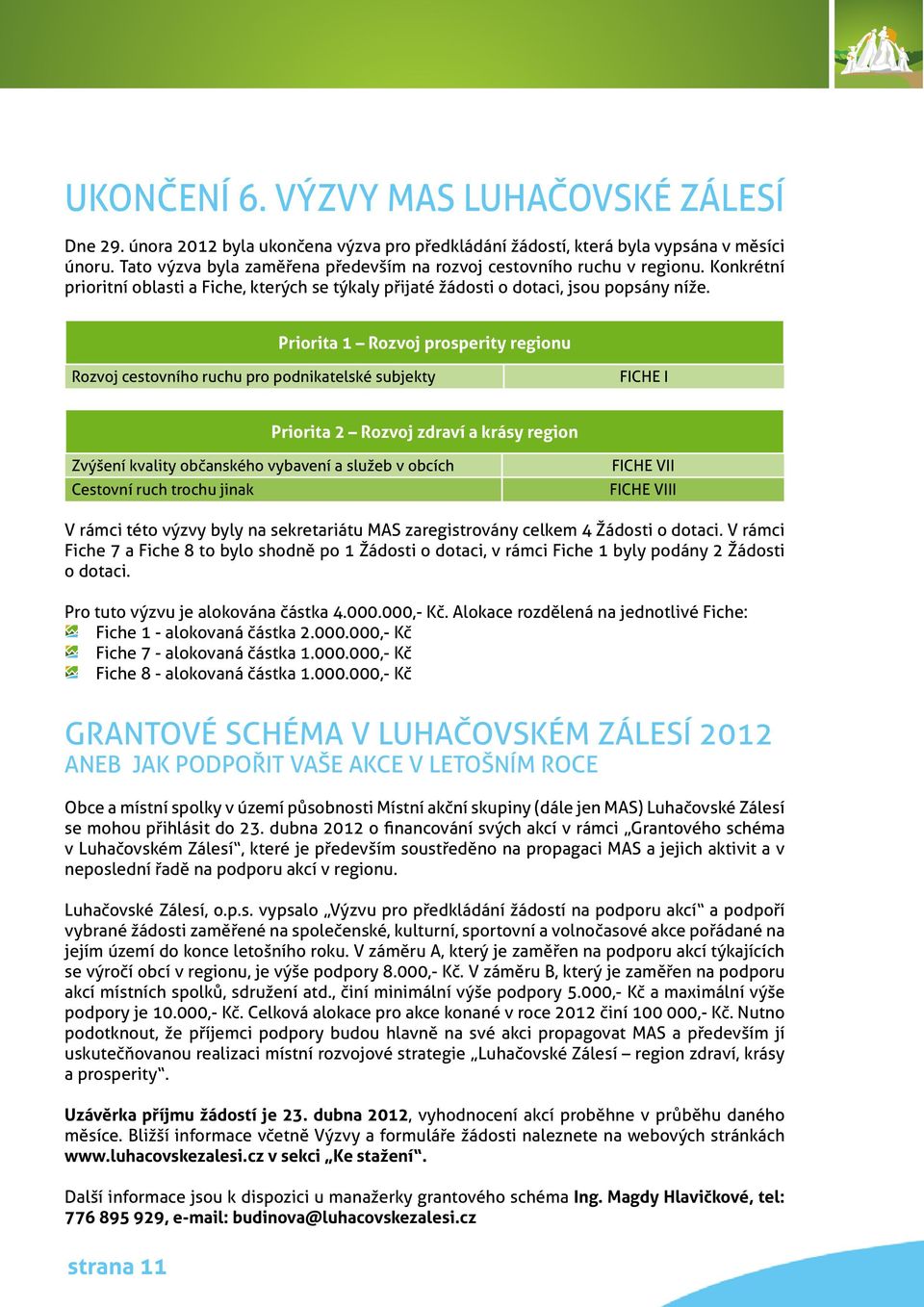 Priorita 1 Rozvoj prosperity regionu Rozvoj cestovního ruchu pro podnikatelské subjekty FICHE I Priorita 2 Rozvoj zdraví a krásy region Zvýšení kvality občanského vybavení a služeb v obcích Cestovní