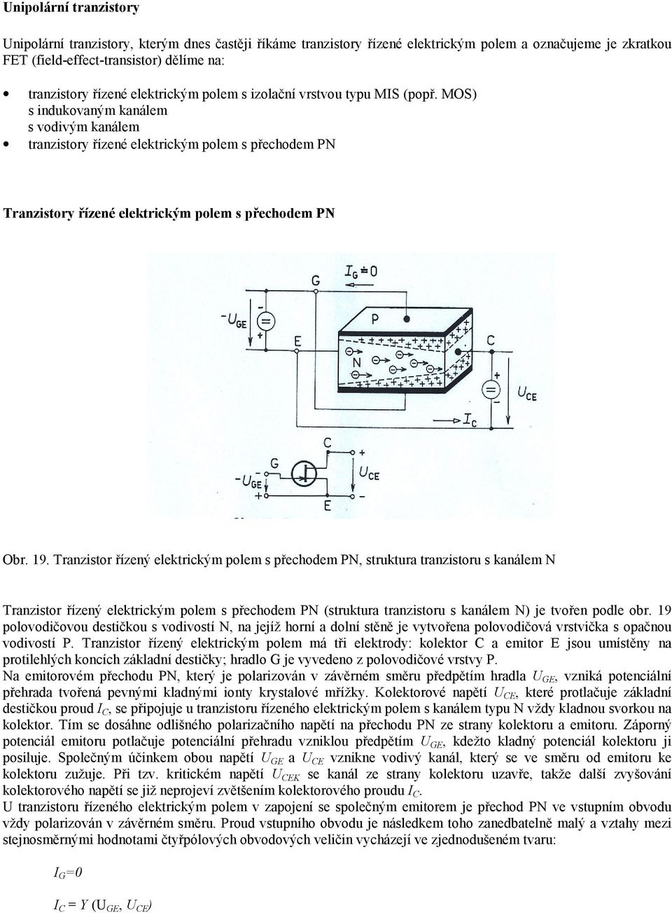 MOS) s indukovaným kanálem s vodivým kanálem tranzistory řízené elektrickým polem s přechodem PN Tranzistory řízené elektrickým polem s přechodem PN Obr. 19.