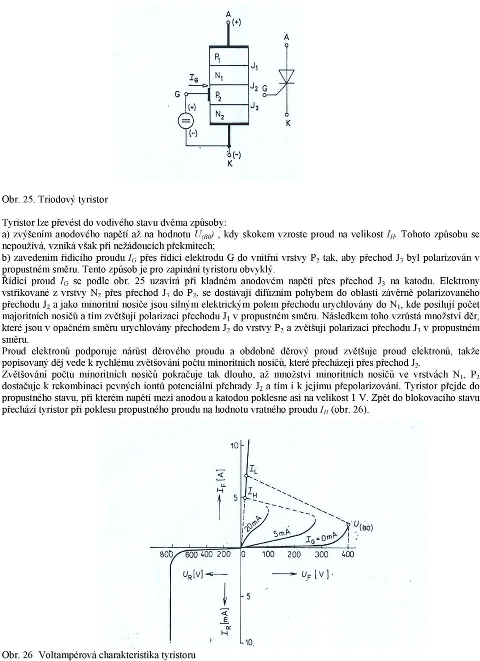 směru. Tento způsob je pro zapínání tyristoru obvyklý. Řídicí proud I G se podle obr. 25 uzavírá při kladném anodovém napětí přes přechod J 3 na katodu.