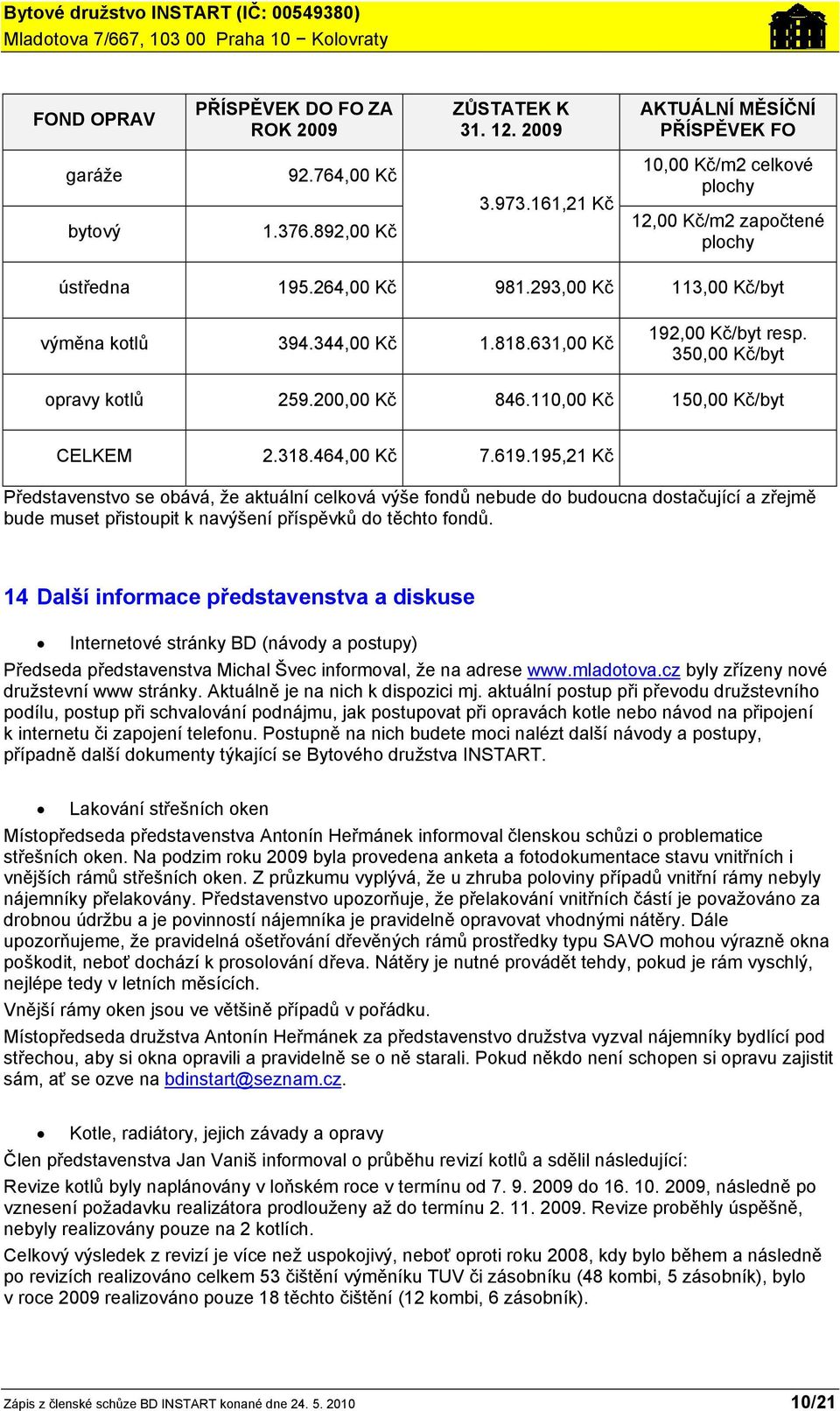 350,00 Kč/byt opravy kotlů 259.200,00 Kč 846.110,00 Kč 150,00 Kč/byt CELKEM 2.318.464,00 Kč 7.619.