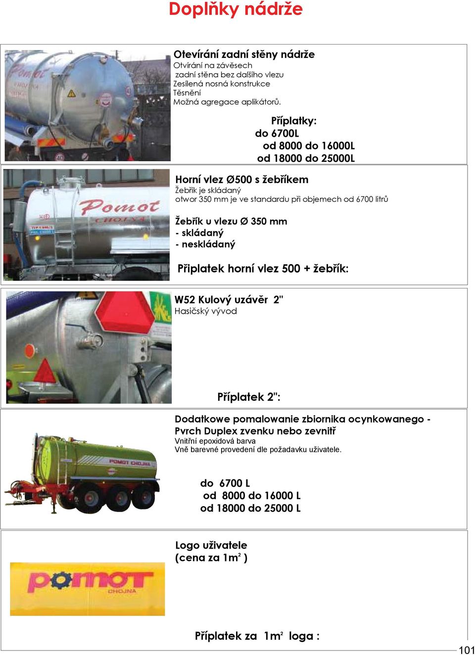 8000 do 16000L od 18000 do 25000L Připlatek horní vlez 500 + žebřík: W52 Kulový uzávěr 2" Hasičský vývod Příplatek 2": Dodatkowe pomalowanie zbiornika ocynkowanego - Pvrch