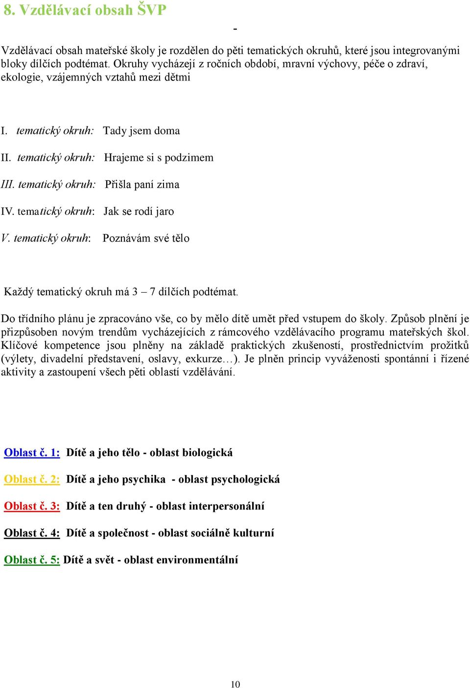 tematický okruh: Přišla paní zima IV. tematický okruh: Jak se rodí jaro V. tematický okruh: Poznávám své tělo Každý tematický okruh má 3 7 dílčích podtémat.