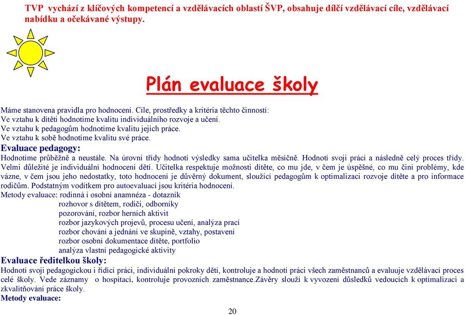 Ve vztahu k sobě hodnotíme kvalitu své práce. Evaluace pedagogy: Hodnotíme průběžně a neustále. Na úrovni třídy hodnotí výsledky sama učitelka měsíčně.