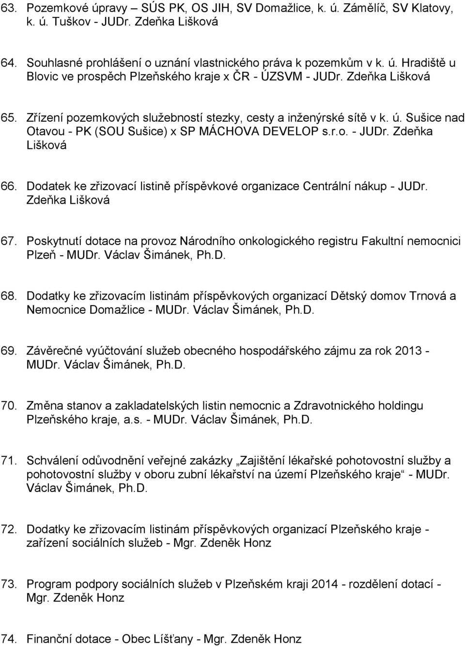 Dodatek ke zřizovací listině příspěvkové organizace Centrální nákup - JUDr. Zdeňka Lišková 67. Poskytnutí dotace na provoz Národního onkologického registru Fakultní nemocnici Plzeň - MUDr.