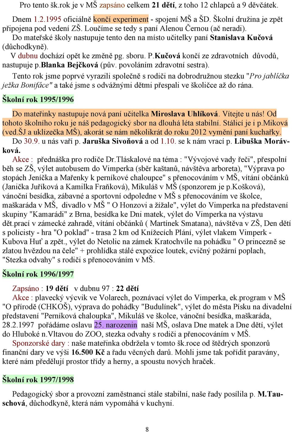 Kučová končí ze zdravotních důvodů, nastupuje p.blanka Bejčková (pův. povoláním zdravotní sestra).