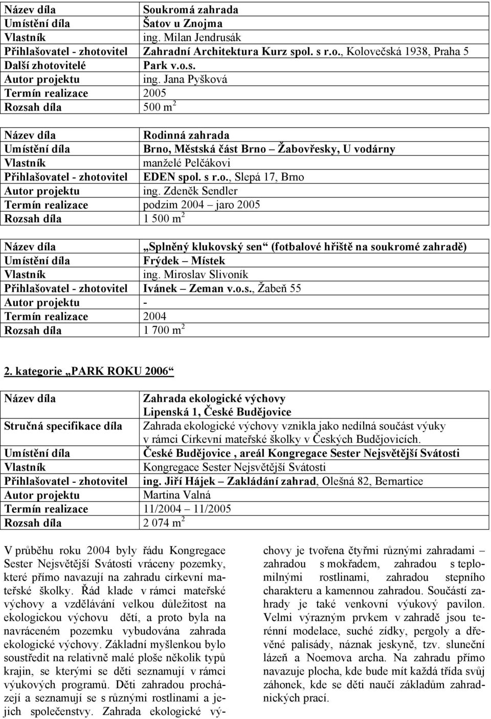Jana Pyšková Termín realizace 2005 Rozsah díla 500 m 2 Rodinná zahrada Brno, Městská část Brno Žabovřesky, U vodárny manželé Pelčákovi Přihlašovatel - zhotovitel EDEN spol. s r.o., Slepá 17, Brno ing.