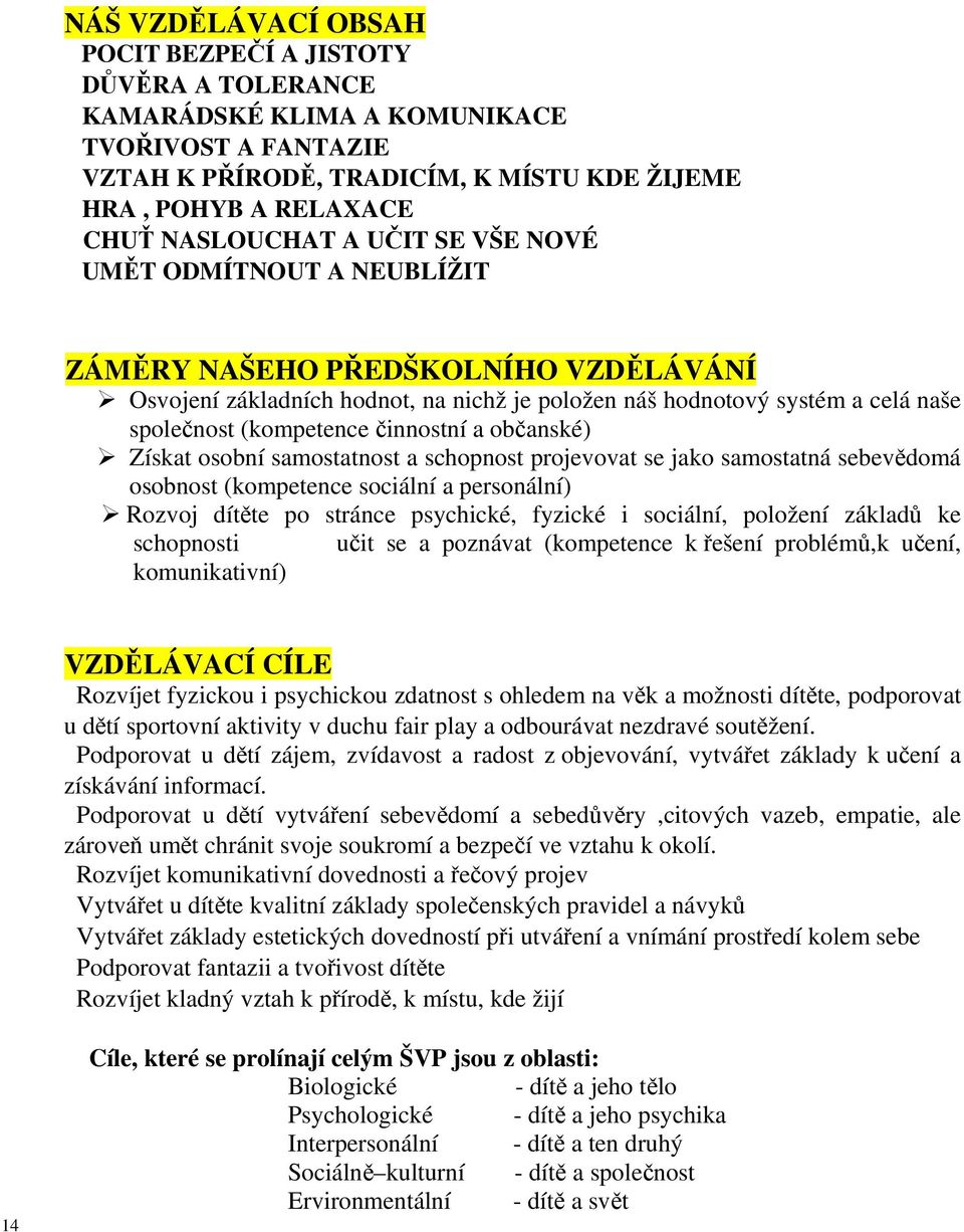 občanské) Získat osobní samostatnost a schopnost projevovat se jako samostatná sebevědomá osobnost (kompetence sociální a personální) Rozvoj dítěte po stránce psychické, fyzické i sociální, položení