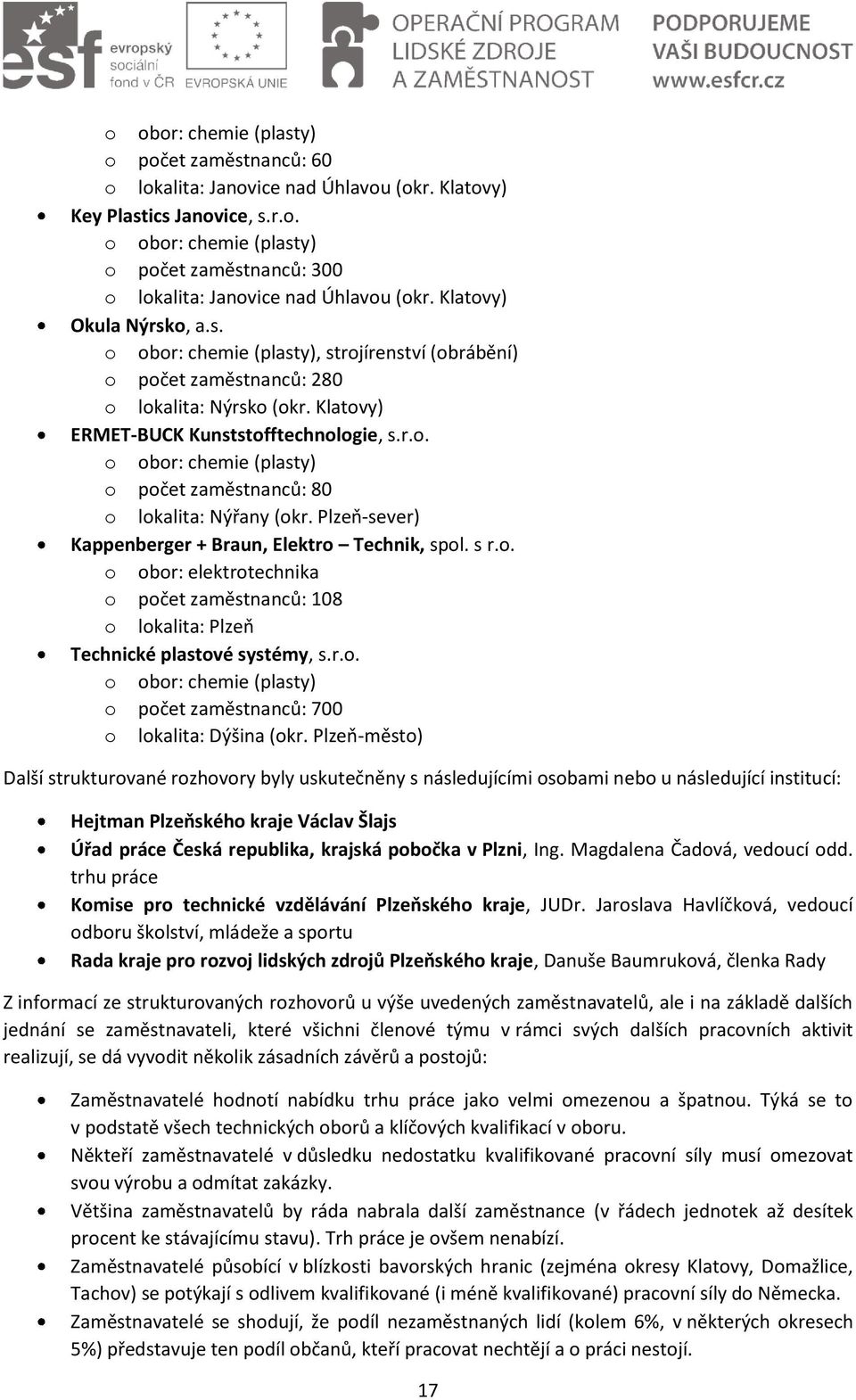 Plzeň-sever) Kappenberger + Braun, Elektro Technik, spol. s r.o. o obor: elektrotechnika o počet zaměstnanců: 108 o lokalita: Plzeň Technické plastové systémy, s.r.o. o obor: chemie (plasty) o počet zaměstnanců: 700 o lokalita: Dýšina (okr.