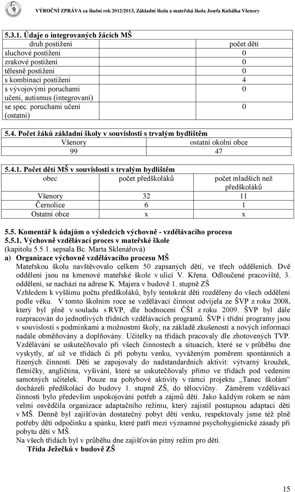 se spec. poruchami učení 0 (ostatní) 5.4. Počet žáků základní školy v souvislosti s trvalým bydlištěm Všenory ostatní okolní obce 99 47 5.4.1.