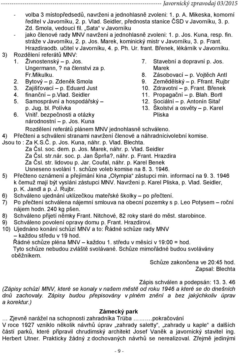 učitel v Javorníku, 4. p. Ph. Ur. frant. Břenek, lékárník v Javorníku. 3) Rozdělení referátů MNV: 1. Živnostenský p. Jos. Ungermann,? na členství za p. Fr.Mikulku. 2. Bytový p. Zdeněk Smola 3.