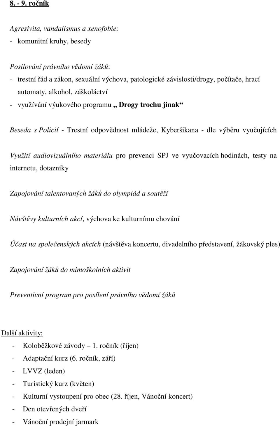 alkohol, záškoláctví - využívání výukového programu Drogy trochu jinak Beseda s Policií - Trestní odpovědnost mládeže, Kyberšikana - dle výběru vyučujících Využití audiovizuálního materiálu pro