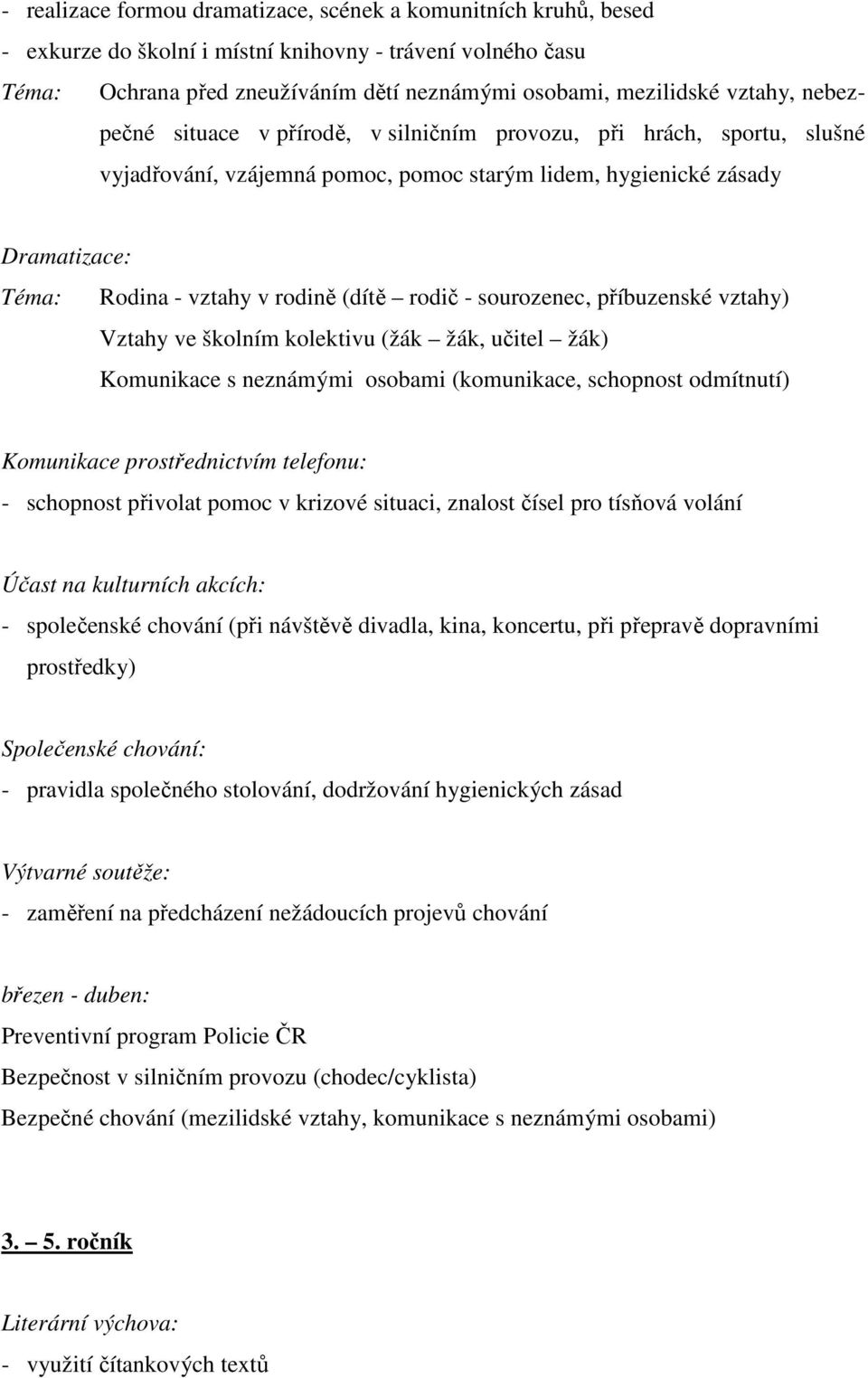 (dítě rodič - sourozenec, příbuzenské vztahy) Vztahy ve školním kolektivu (žák žák, učitel žák) Komunikace s neznámými osobami (komunikace, schopnost odmítnutí) Komunikace prostřednictvím telefonu: -