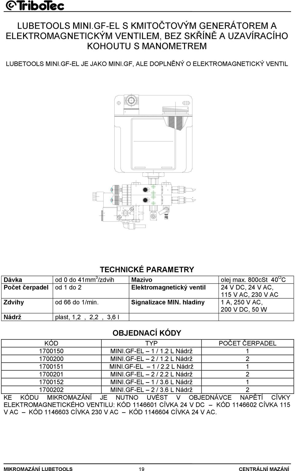 800cSt 40 O C Počet čerpadel od 1 do 2 Elektromagnetický ventil 24 V DC, 24 V AC, 115 V AC, 230 V AC Zdvihy od 66 do 1/min. Signalizace MIN.