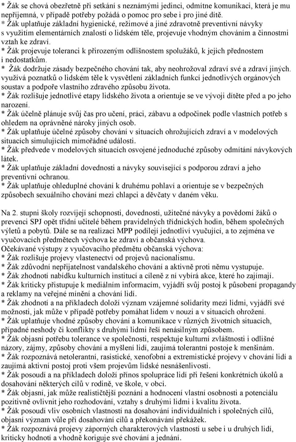 * Žák projevuje toleranci k přirozeným odlišnostem spolužáků, k jejich přednostem i nedostatkům. * Žák dodržuje zásady bezpečného chování tak, aby neohrožoval zdraví své a zdraví jiných.