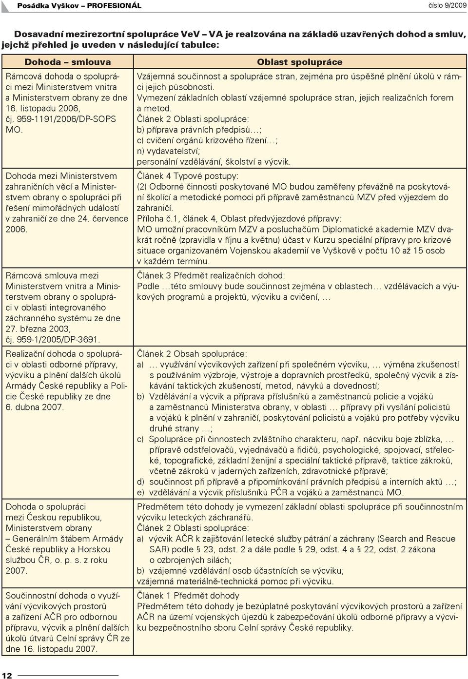 Dohoda mezi Ministerstvem zahraničních věcí a Ministerstvem obrany o spolupráci při řešení mimořádných událostí v zahraničí ze dne 24. července 2006.