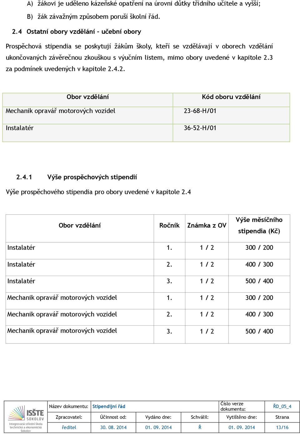 kapitole 2.3 za podmínek uvedených v kapitole 2.4.2. Obor vzdělání Mechanik opravář motorových vozidel Instalatér 23-68-H/01 36-52-H/01 Kód oboru vzdělání 2.4.1 Výše prospěchových stipendií Výše prospěchového stipendia pro obory uvedené v kapitole 2.