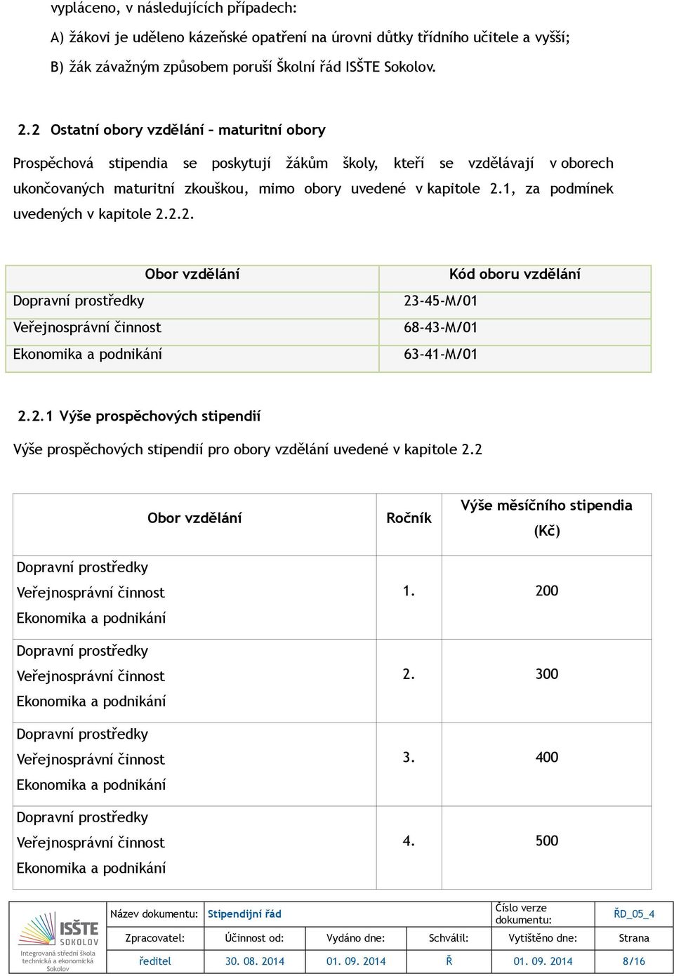 1, za podmínek uvedených v kapitole 2.2.2. Obor vzdělání Dopravní prostředky Veřejnosprávní činnost Ekonomika a podnikání Kód oboru vzdělání 23-45-M/01 68-43-M/01 63-41-M/01 2.2.1 Výše prospěchových stipendií Výše prospěchových stipendií pro obory vzdělání uvedené v kapitole 2.