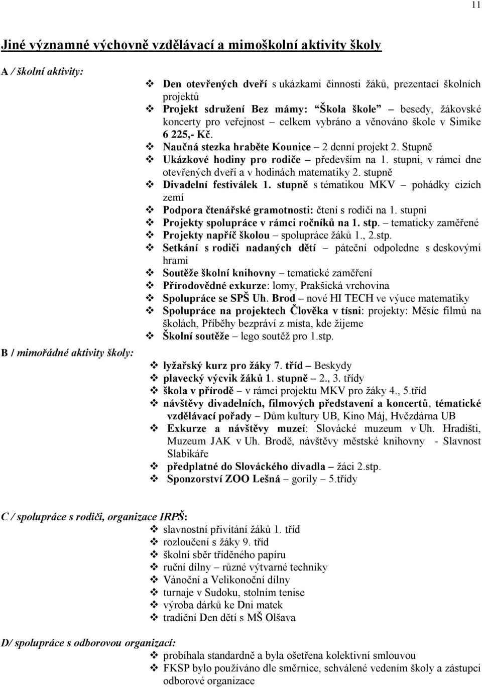 Stupně Ukázkové hodiny pro rodiče především na 1. stupni, v rámci dne otevřených dveří a v hodinách matematiky 2. stupně Divadelní festiválek 1.