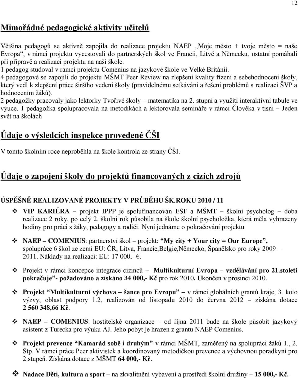 4 pedagogové se zapojili do projektu MŠMT Peer Review na zlepšení kvality řízení a sebehodnocení školy, který vedl k zlepšení práce širšího vedení školy (pravidelnému setkávání a řešení problémŧ s