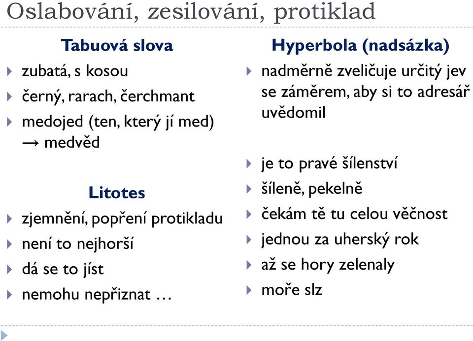 nepřiznat Hyperbola (nadsázka) nadměrně zveličuje určitý jev se záměrem, aby si to adresář uvědomil je