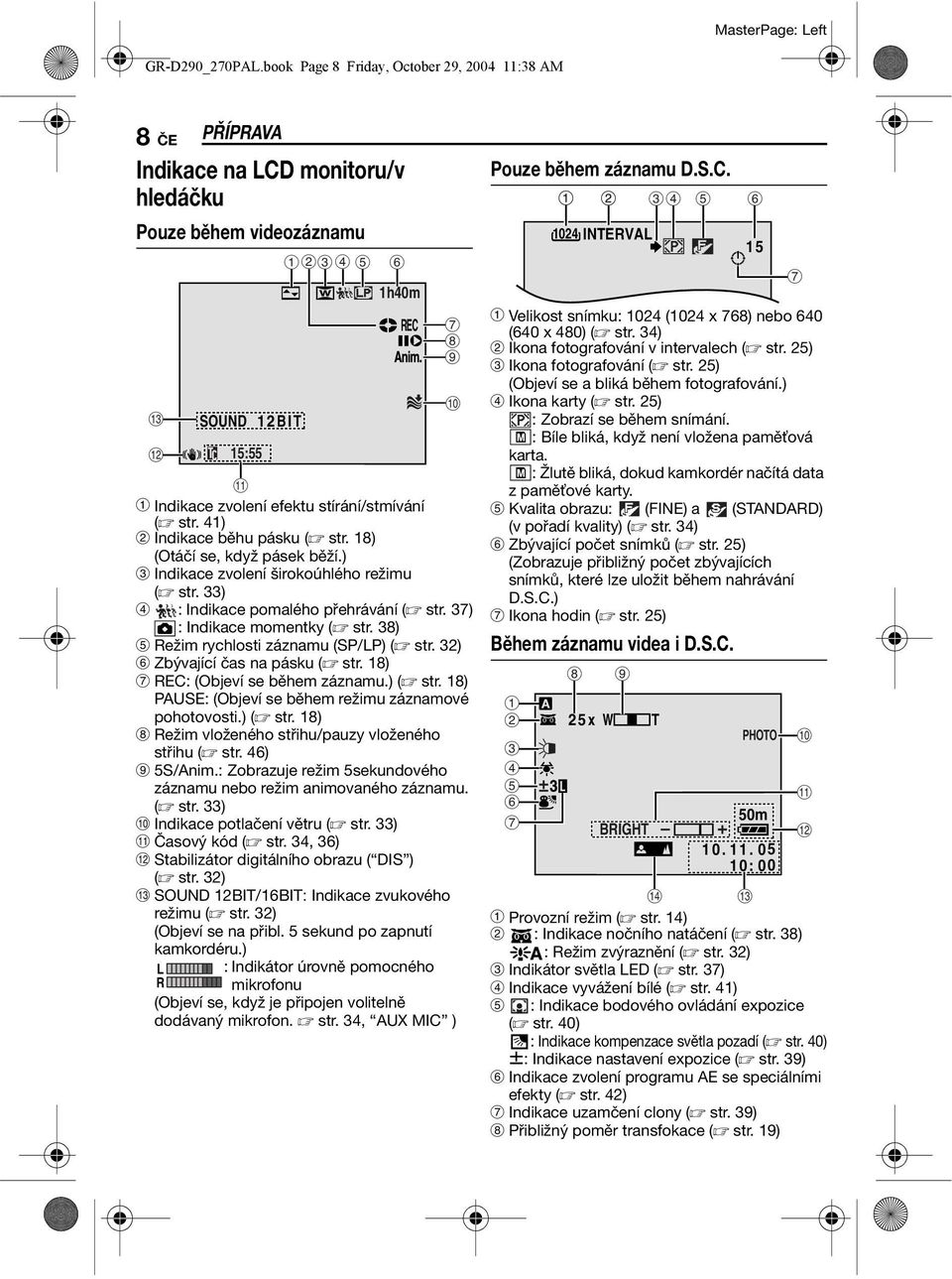 stírání/stmívání ( str. 41) B Indikace běhu pásku ( str. 18) (Otáčí se, když pásek běží.) C Indikace zvolení širokoúhlého režimu ( str. 33) D : Indikace pomalého přehrávání ( str.