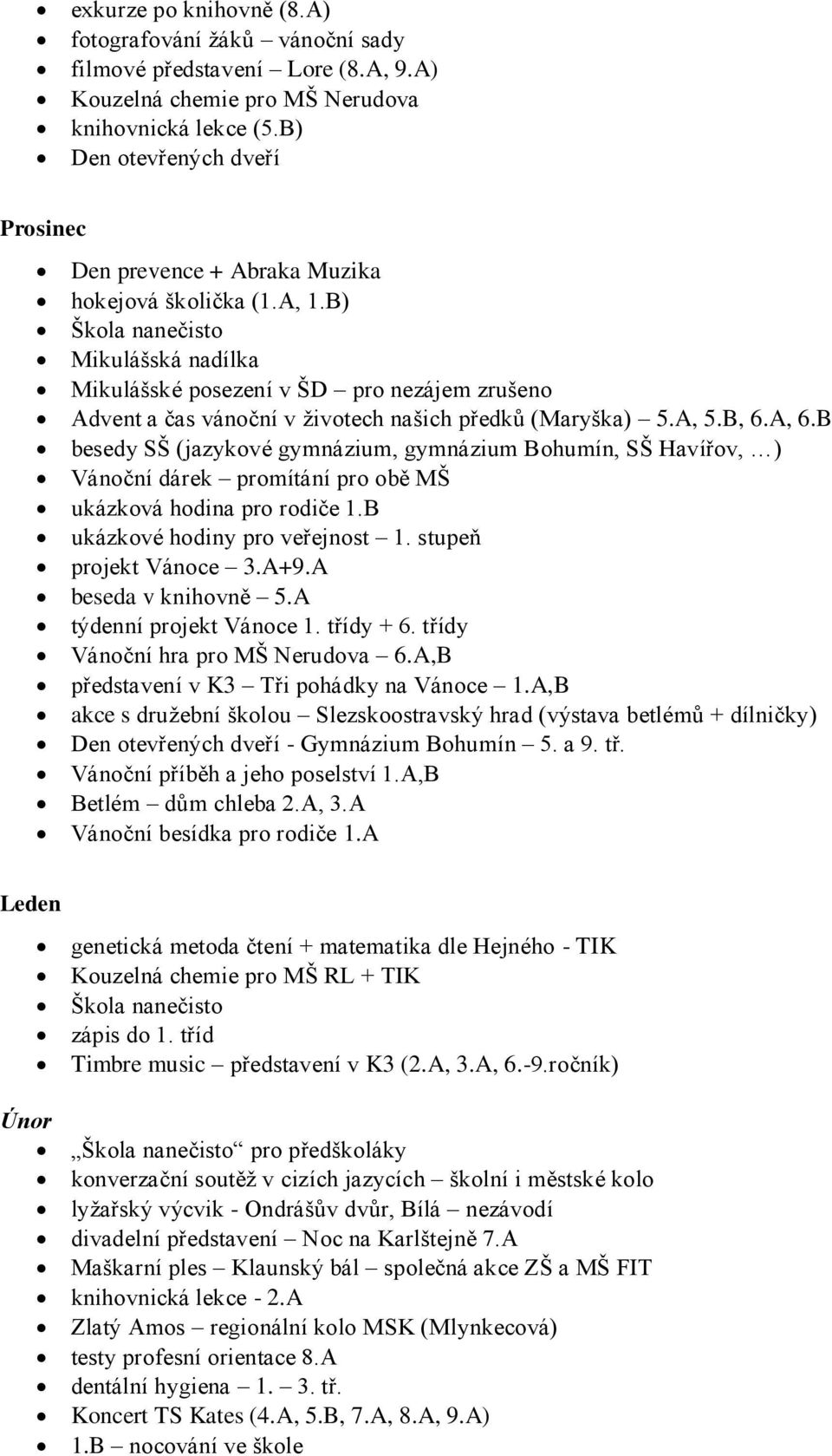 B) Škola nanečisto Mikulášská nadílka Mikulášské posezení v ŠD pro nezájem zrušeno Advent a čas vánoční v životech našich předků (Maryška) 5.A, 5.B, 6.A, 6.