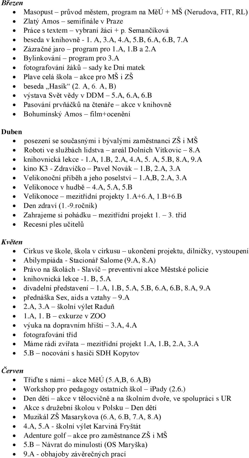 A, 6.A, 6.B Pasování prvňáčků na čtenáře akce v knihovně Bohumínský Amos film+ocenění Duben posezení se současnými i bývalými zaměstnanci ZŠ i MŠ Roboti ve službách lidstva areál Dolních Vítkovic 8.