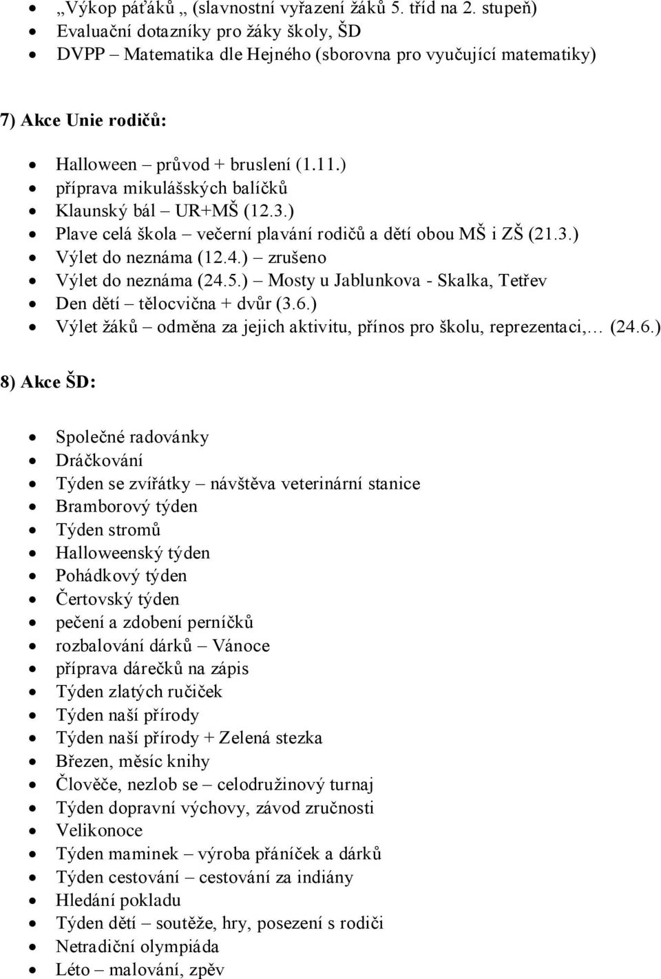 ) příprava mikulášských balíčků Klaunský bál UR+MŠ (12.3.) Plave celá škola večerní plavání rodičů a dětí obou MŠ i ZŠ (21.3.) Výlet do neznáma (12.4.) zrušeno Výlet do neznáma (24.5.