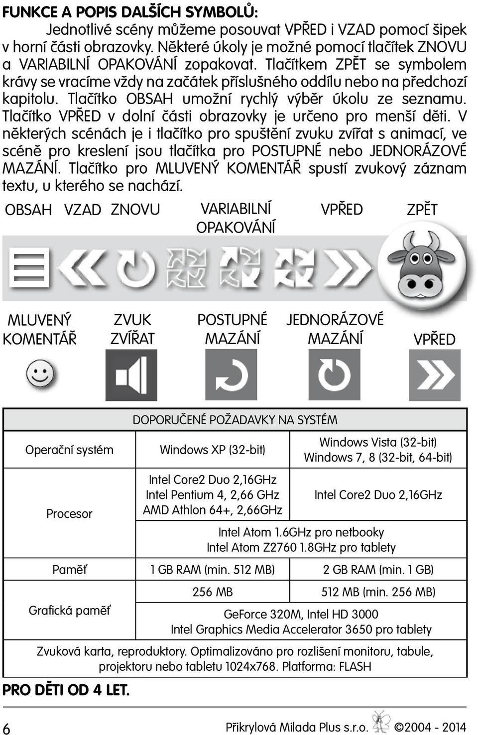 Tlačítko VPŘED v dolní části obrazovky je určeno pro menší děti.