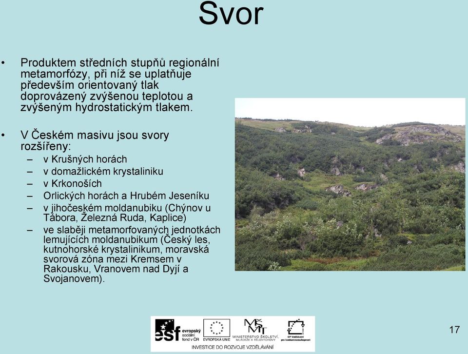 V Českém masivu jsou svory rozšířeny: v Krušných horách v domažlickém krystaliniku v Krkonoších Orlických horách a Hrubém Jeseníku v