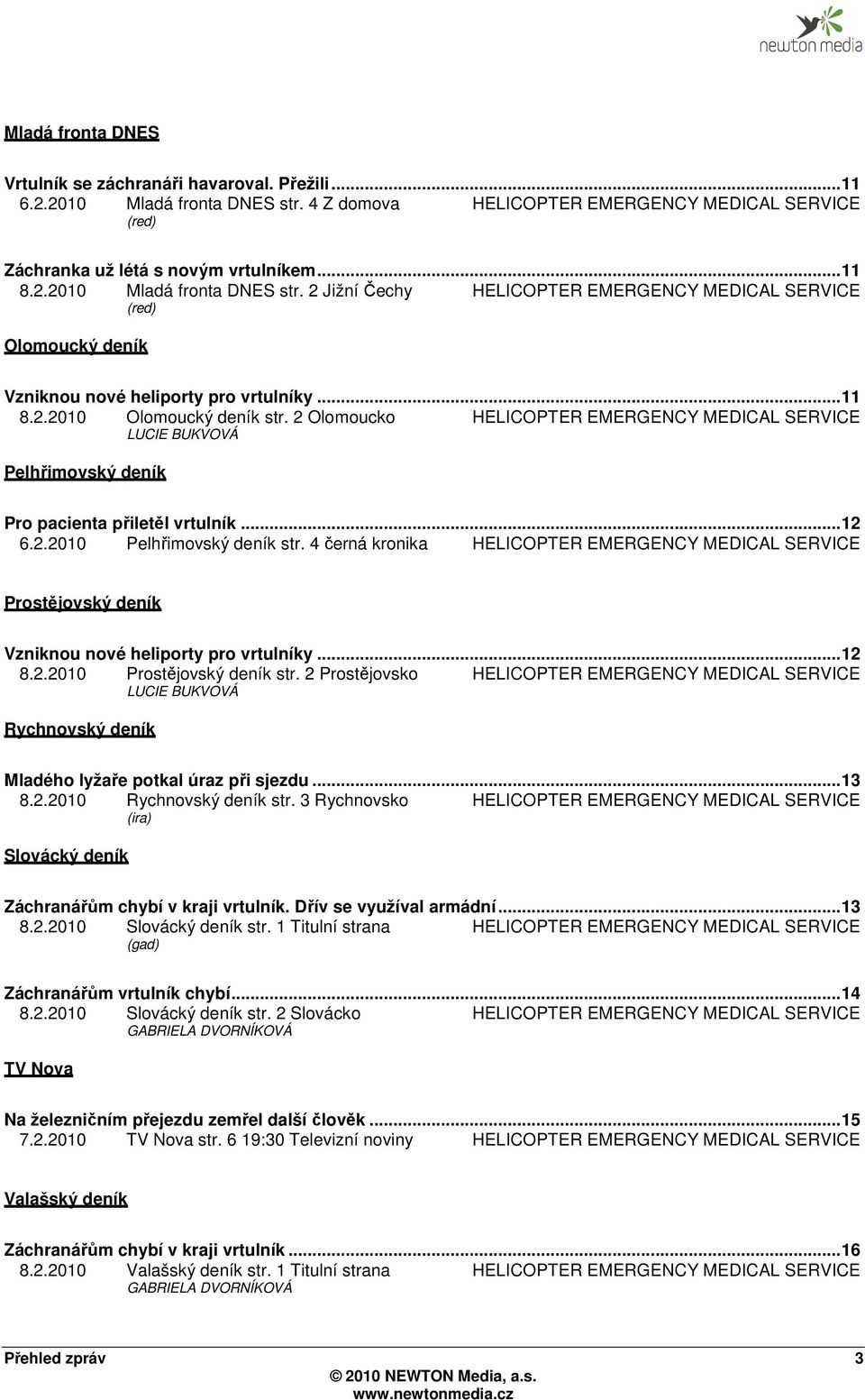2 Jižní Čechy HELICOPTER EMERGENCY MEDICAL SERVICE (red) Olomoucký deník Vzniknou nové heliporty pro vrtulníky... 11 8.2.2010 Olomoucký deník str.