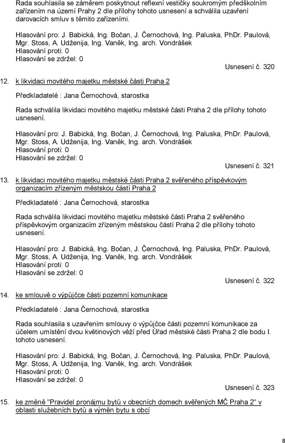 320 12. k likvidaci movitého majetku městské části Praha 2 Předkladatelé : Jana Černochová, starostka Rada schválila likvidaci movitého majetku městské části Praha 2 dle přílohy tohoto usnesení.