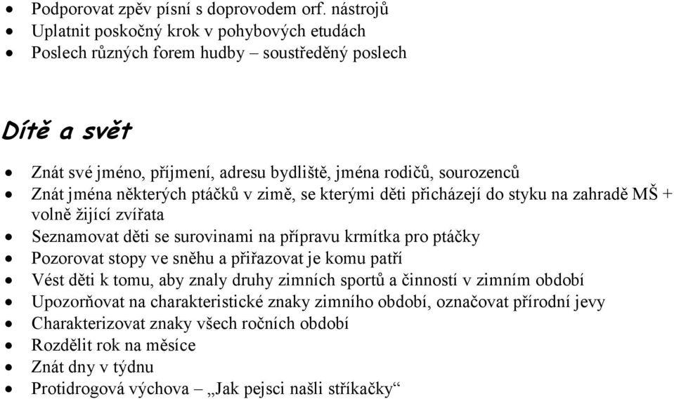 Znát jména některých ptáčků v zimě, se kterými děti přicházejí do styku na zahradě MŠ + volně žijící zvířata Seznamovat děti se surovinami na přípravu krmítka pro ptáčky Pozorovat