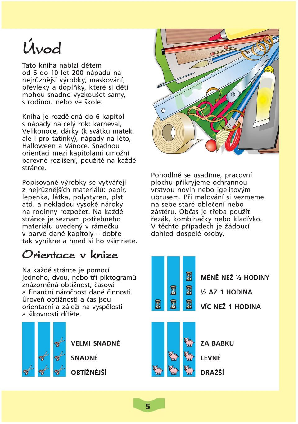 Snadnou orientaci mezi kapitolami umožní barevné rozlišení, použité na každé stránce. Popisované výrobky se vytvářejí z nejrůznějších materiálů: papír, lepenka, látka, polystyren, plst atd.